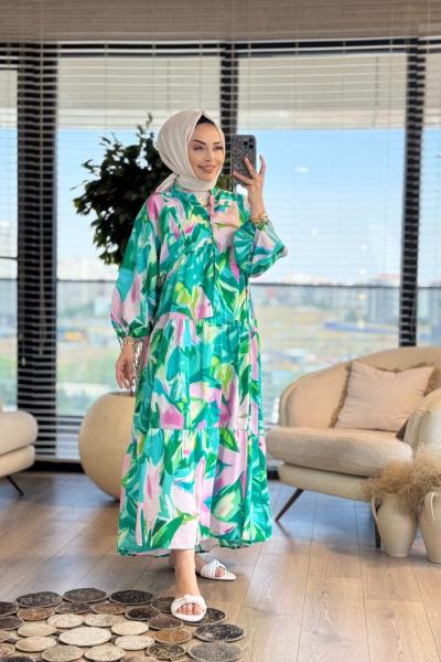 25EL551 Desenli V Yaka Elbise Benetton