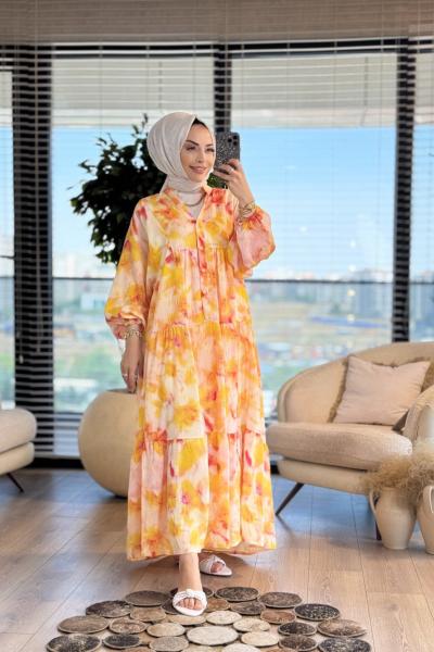 25EL554 Batık Desen Elbise Sarı