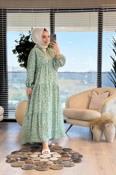 25EL556 Çıtır Çiçekli Elbise Yeşil