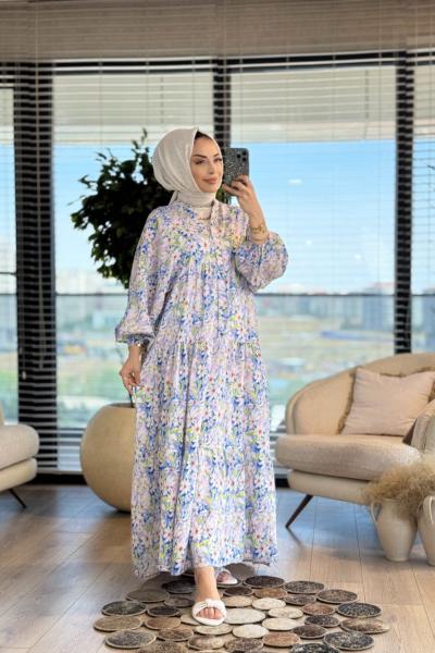 25EL558 Büyük Papatya Desen Elbise Ekru Mavi
