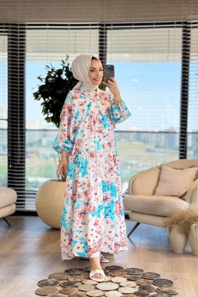25EL560 Renkli Batık Desen Elbise Turkuaz