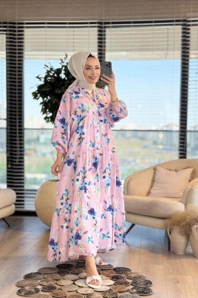 25EL564 Desenli V Yaka Elbise Pembe