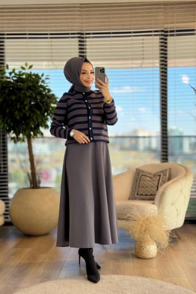 25K1113 Enine Çizgili Metal Düğmeli Hırka Lacivert