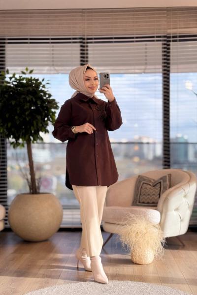 25K6021 Sağ Göğüs Arka İnci Çiçek İşlemeli Kap Kahve