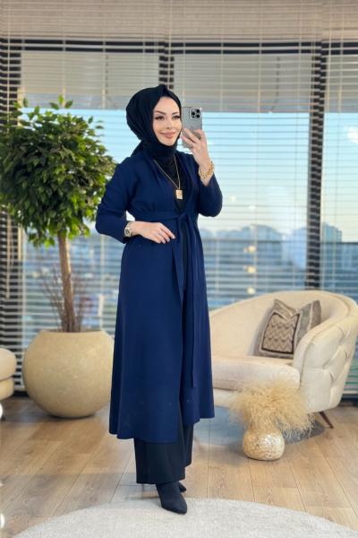 25K7008 Çelik Örgü Uzun Hırka Lacivert