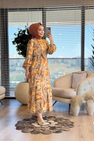 25YT934 Çiçek Desenli Elbise Turuncu