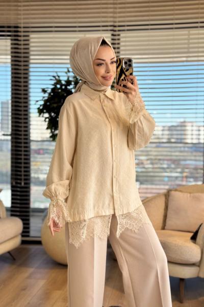 260124 Şık Dantel Detaylı Gömlek Bej