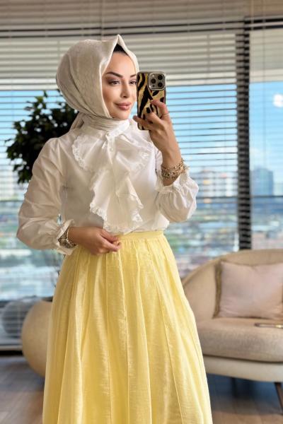 260133 Fırfır Yaka Dantel İşlemeli Gömlek Beyaz