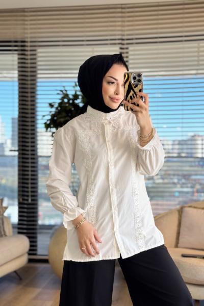 260135 Romantik Dantel Yakalı Gömlek Beyaz
