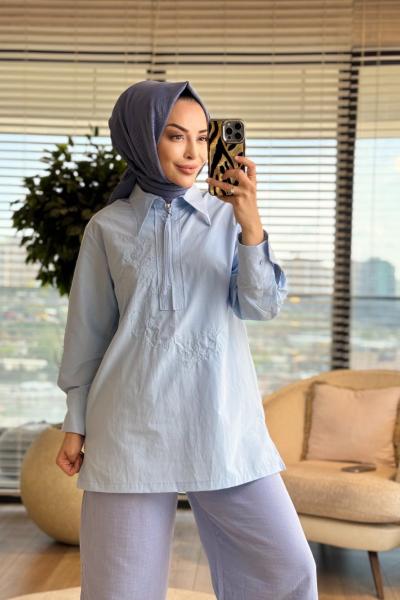 260136 Fermuar Detaylı Nakışlı Gömlek Mavi