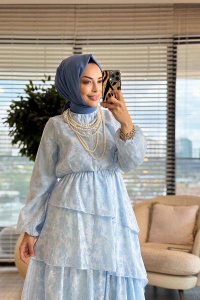 260180 Sade Katmanlı Elbise Mavi