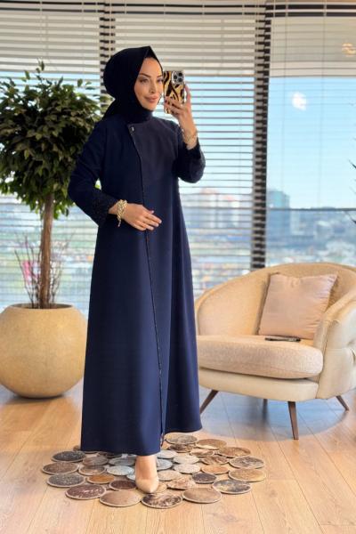 2602 Serpme Taş Biyeli Pardesü Lacivert