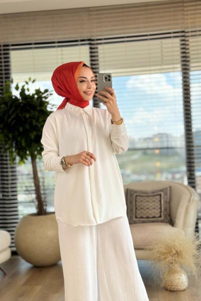 2630 Manşeti Ve Yakası Taşlı Gömlek Ekru