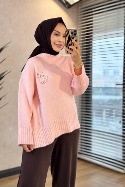 2636 Kedi Nakışlı Triko Kazak Pembe
