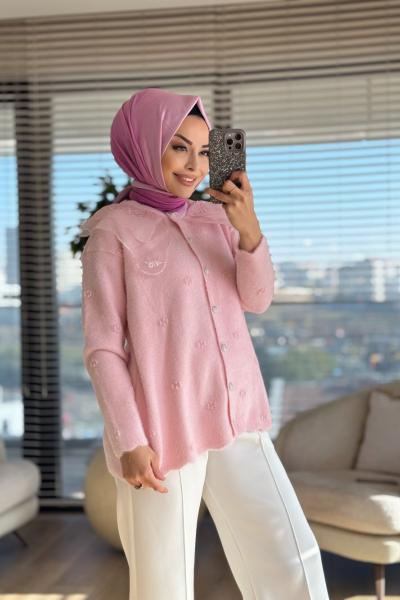 2637 Angora Dantel Yaka Uzun Hırka Pembe