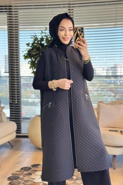 26450 Petek Desen Cebi Fermuarlı Yelek Siyah