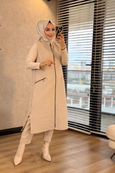 26452 Petek Desen Kapitone Yelek Bej