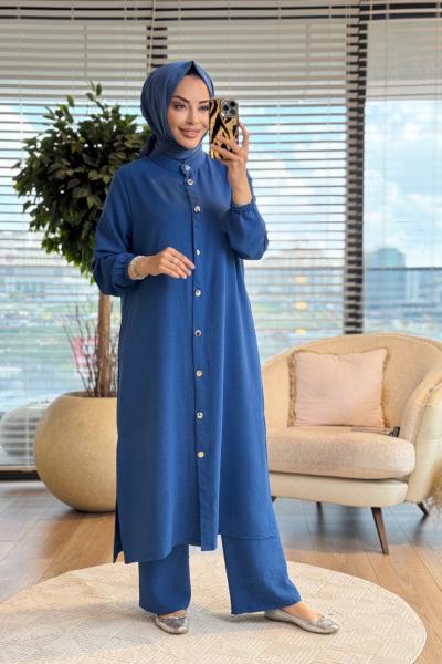 26640 Ön Metal Düğmeli Uzun Tunik Takım İndigo