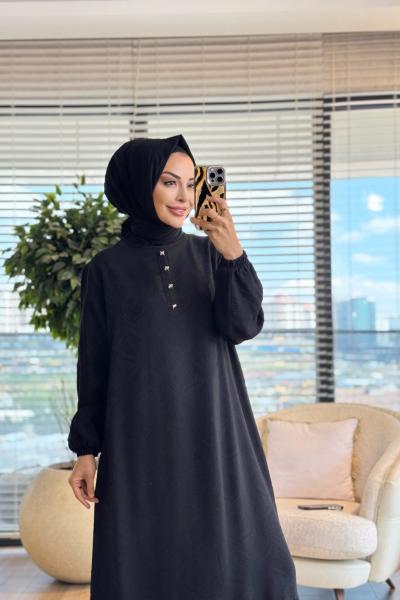 26847 Kendinden Desenli Elbise Siyah