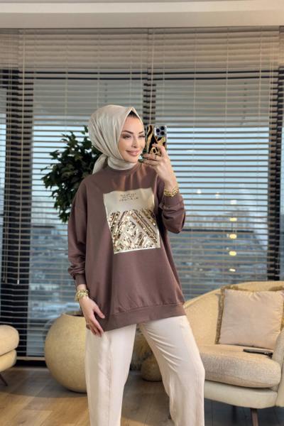 2695 Baskısı Pul Detaylı Sweatshırt Toprak