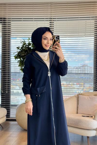 26YT801 Cep Ve Kapşonu File Detaylı Kap Lacivert