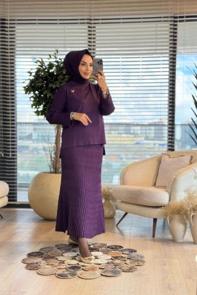 271 Mandal Desenli Triko Etekli Takım Mürdüm