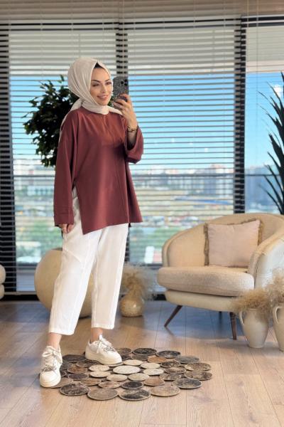 2755 Dikiş Detaylı Yırtmaçlı Sweat Kahve