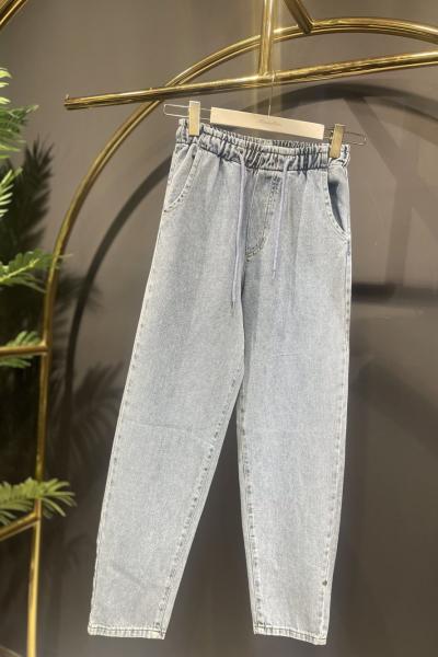 2759 Beli Bağcıklı Kot Pantolon Mavi