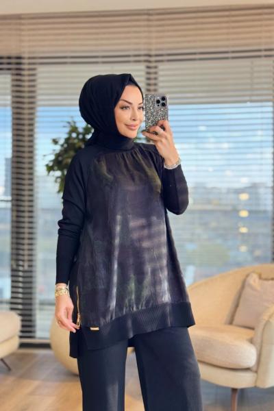 279 Kolları Kumaş Desenli Triko Tunik Siyah