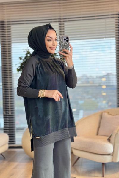 279 Kolları Kumaş Desenli Triko Tunik Haki