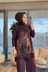 279 Kolları Kumaş Desenli Triko Tunik Kahve