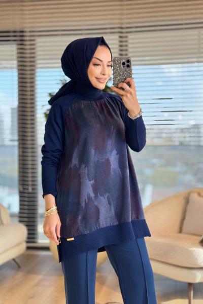279 Kolları Kumaş Desenli Triko Tunik Lacivert