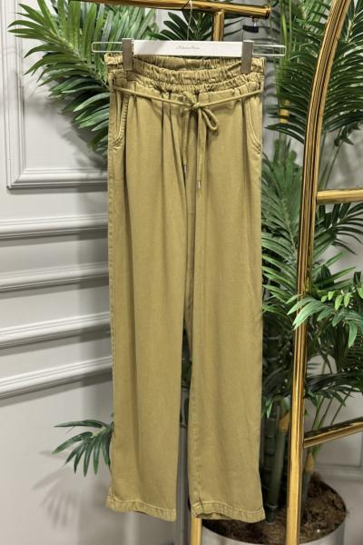 2803 Kot Bel Bağcıklı Havuç Pantolon Yağ Yeşili