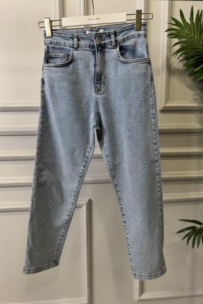 2804 Üstü Serpme Taş Baskılı Kot Pantolon Mavi