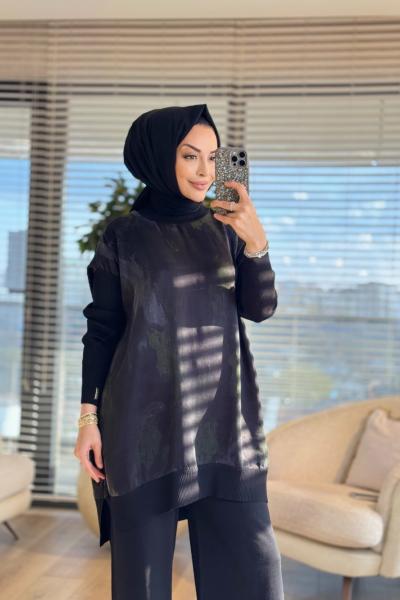 281 Kupra Desenli Tunik Siyah