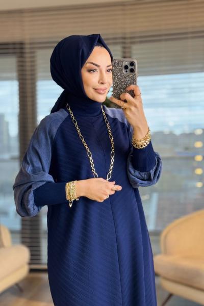 282 Ön Arka V Örgülü Kolları Kupra Elbise Lacivert