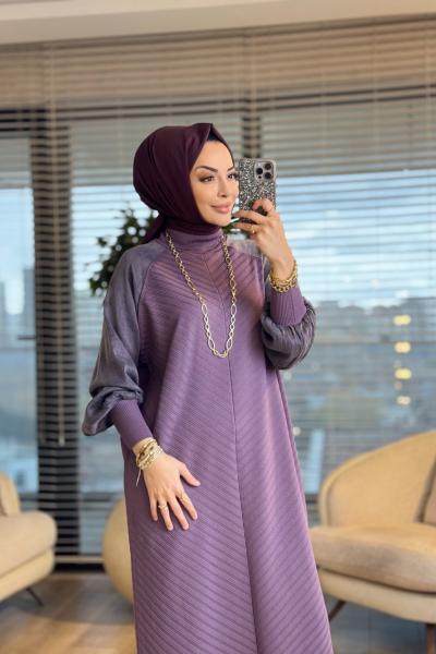 282 Ön Arka V Örgülü Kolları Kupra Elbise Gül