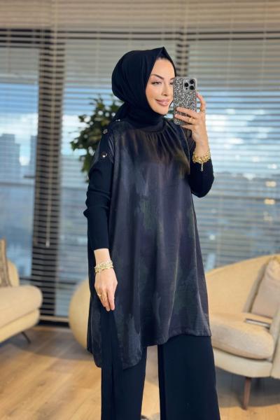 283 Kupra Omuz Ve Yanları Düğmeli Triko Tunik Siyah