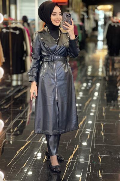 28331 Deri Fermuarlı Trenç Siyah