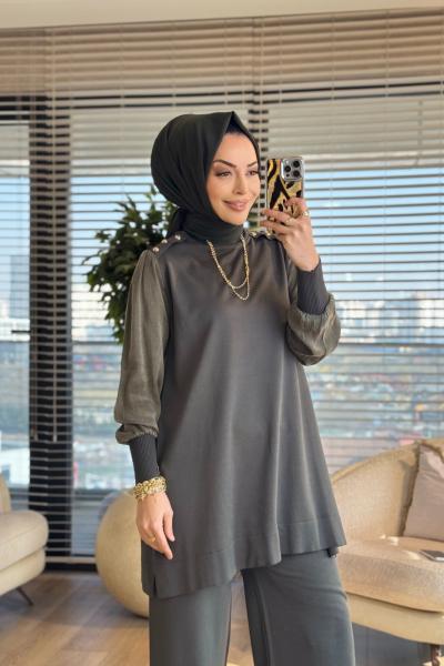 289 Omuzu Düğmeli Kupra Triko Tunik Haki