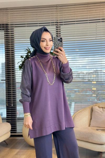 289 Omuzu Düğmeli Kupra Triko Tunik Gül