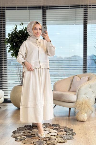 2904 Fisto Detaylı Etekli Takım Bej