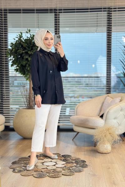 2908 Pul Yaprak İşlemeli Gömlek Siyah
