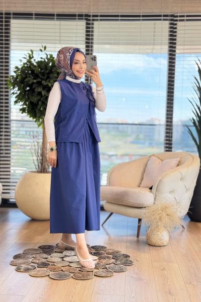 2928 Yeleği Bağcık Detaylı Etekli Takım Lacivert