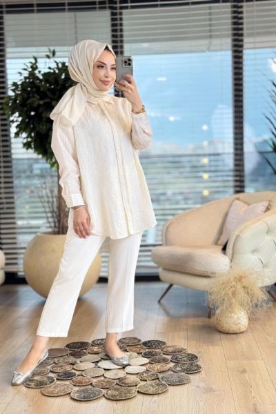 2961 Sim Çizgili Gofre Gömlek Krem