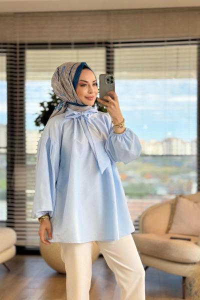 2989 Yakası Bağlama Detaylı Gömlek Mavi