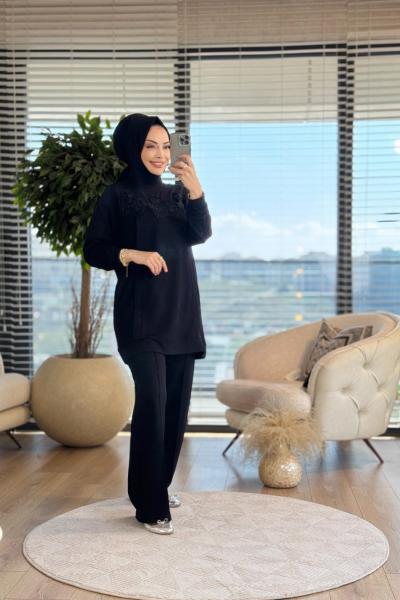 3038 Roba 3 Sıra Tül Üstü Çiçek Nakışlı Takım Siyah