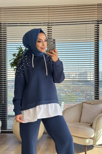 3039 Omuzları İnci İşli İki İplik Takım Lacivert