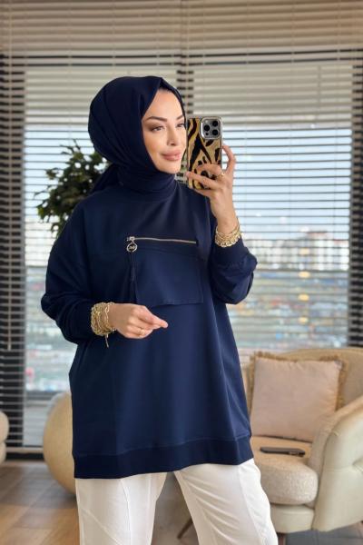 3051 Cebi Fermuar Detaylı Sweatshırt Lacivert
