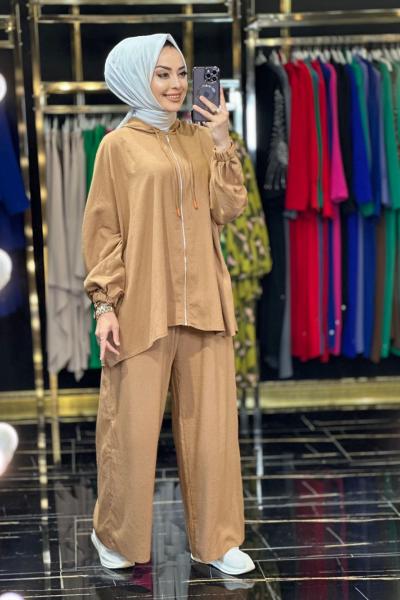 30516 Kapşonlu Ön Fermuarlı Takım Kahve